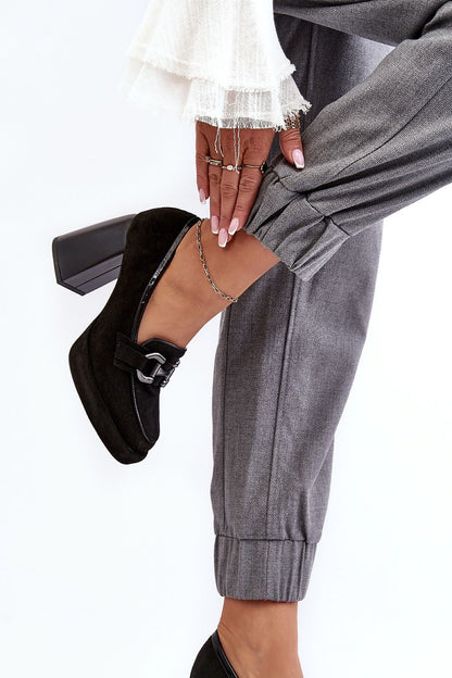 Elegant natural leather block heel pumps for women by Step in Style, designed with a stylish rounded toe and adorned with a decorative ornament.