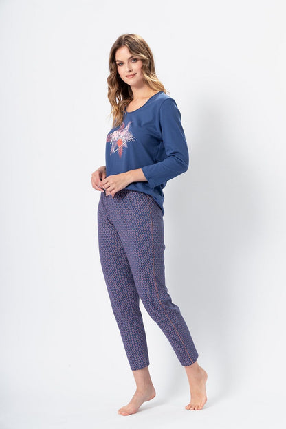 Kornelia Women's Cotton Pajamas by M-Max featuring a colorful print design, 7/8 sleeves, and a decorative bow, perfect for luxurious nighttime comfort.