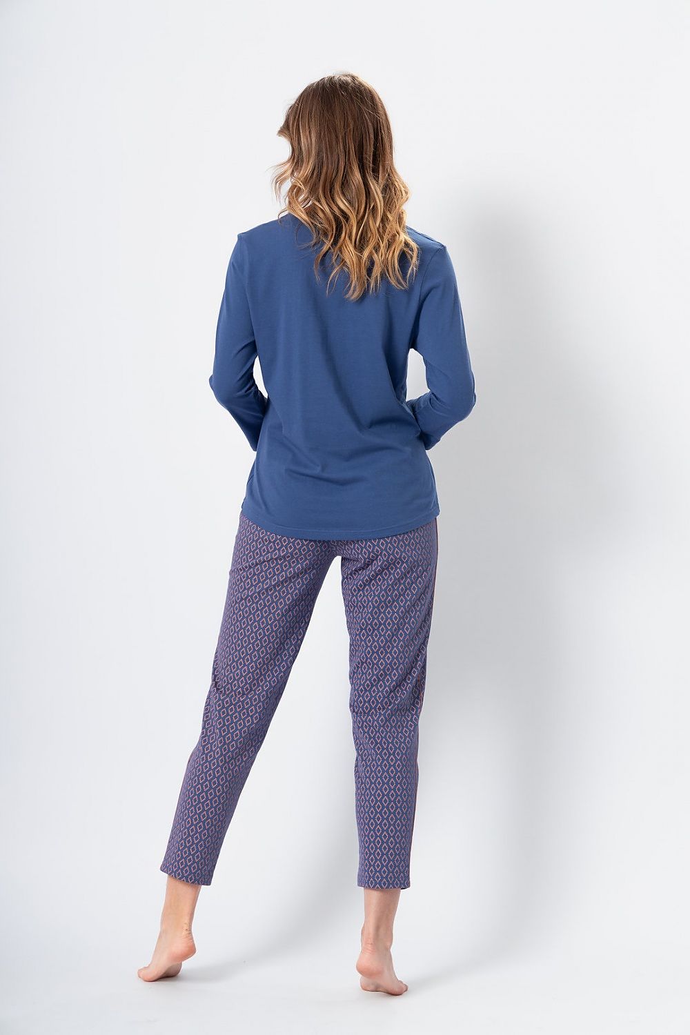 Elegant dark denim-colored Kornelia Pajamas by M-Max showcasing a unique geometric pattern pants and charming details for an exquisite sleepwear experience.