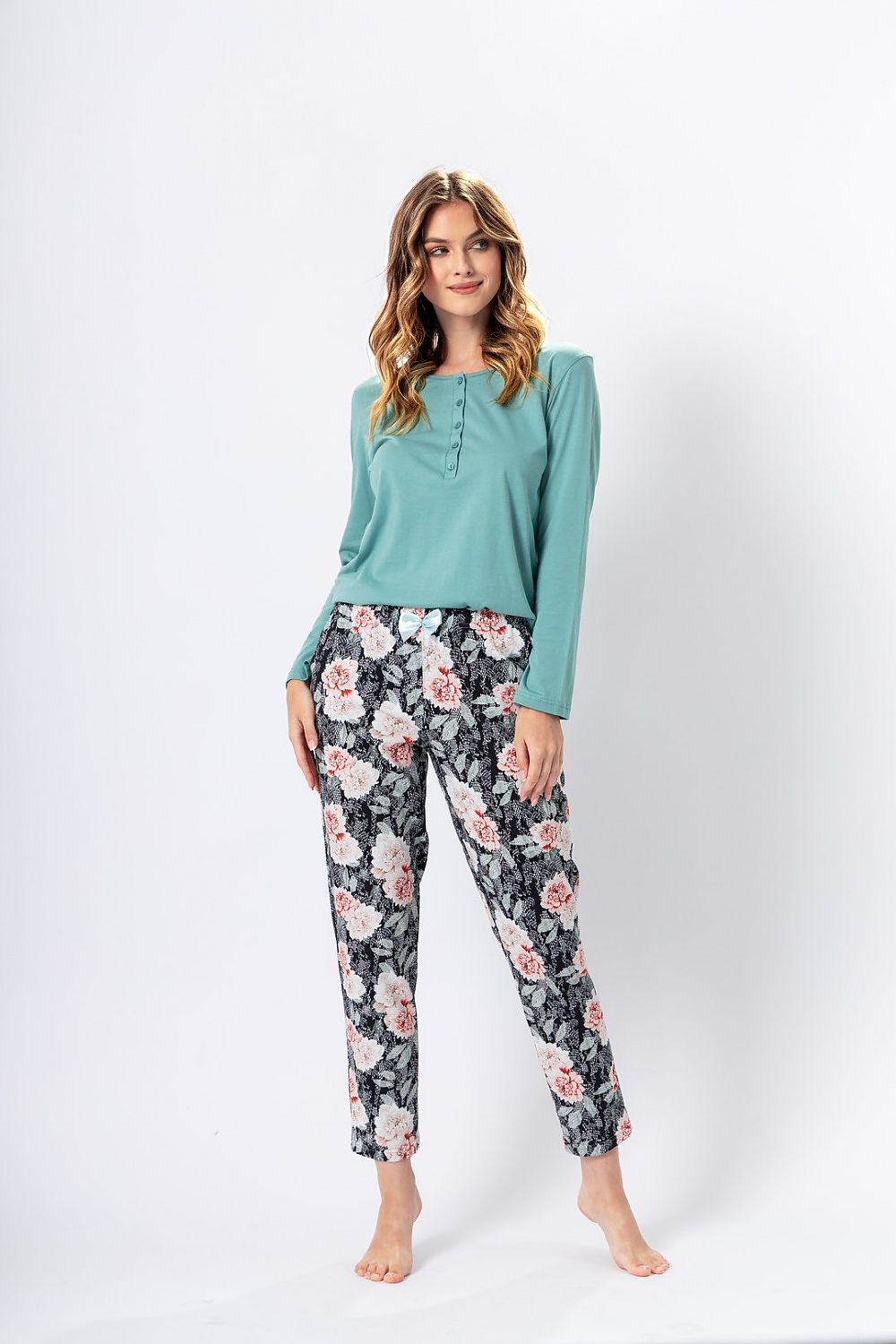 M-Max Luxury 100% Cotton Pyjamas Set featuring a feminine floral design with elegant long sleeves and stylish pockets.