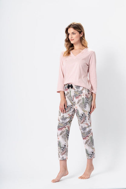 Soft and comfortable Cecylia luxury pajamas set from M-Max, showcasing chic 7/8 sleeves and beautiful floral and leopard print accents.
