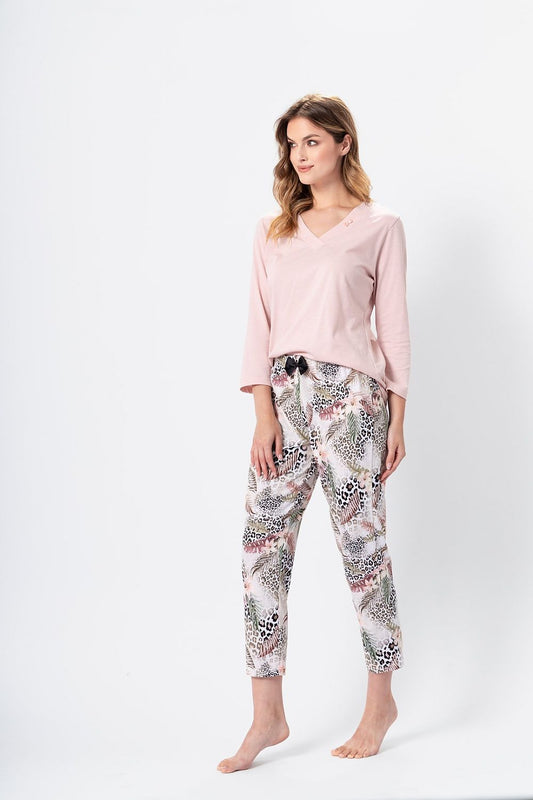 Soft and comfortable Cecylia luxury pajamas set from M-Max, showcasing chic 7/8 sleeves and beautiful floral and leopard print accents.