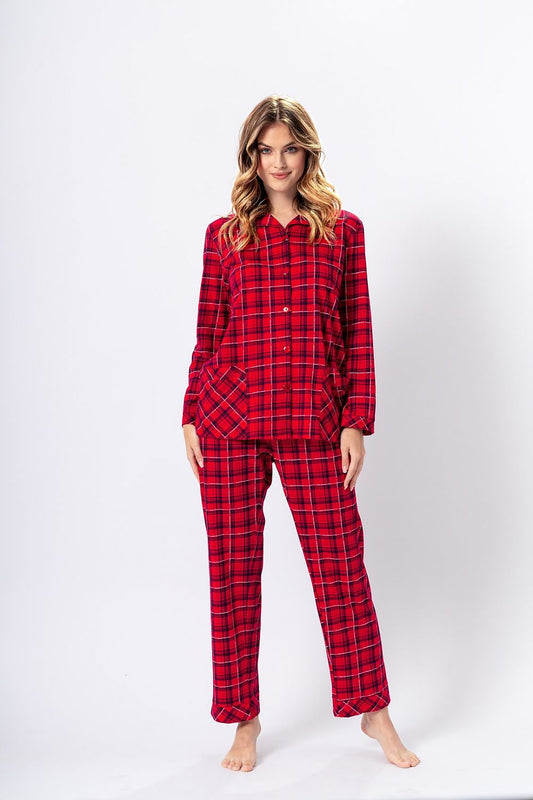 Luxurious Alia Night Pajamas for Women by M-Max, crafted from 100% cotton with an elegant red check pattern, featuring a classic design and comfortable fit, perfect for a stylish sleep experience.