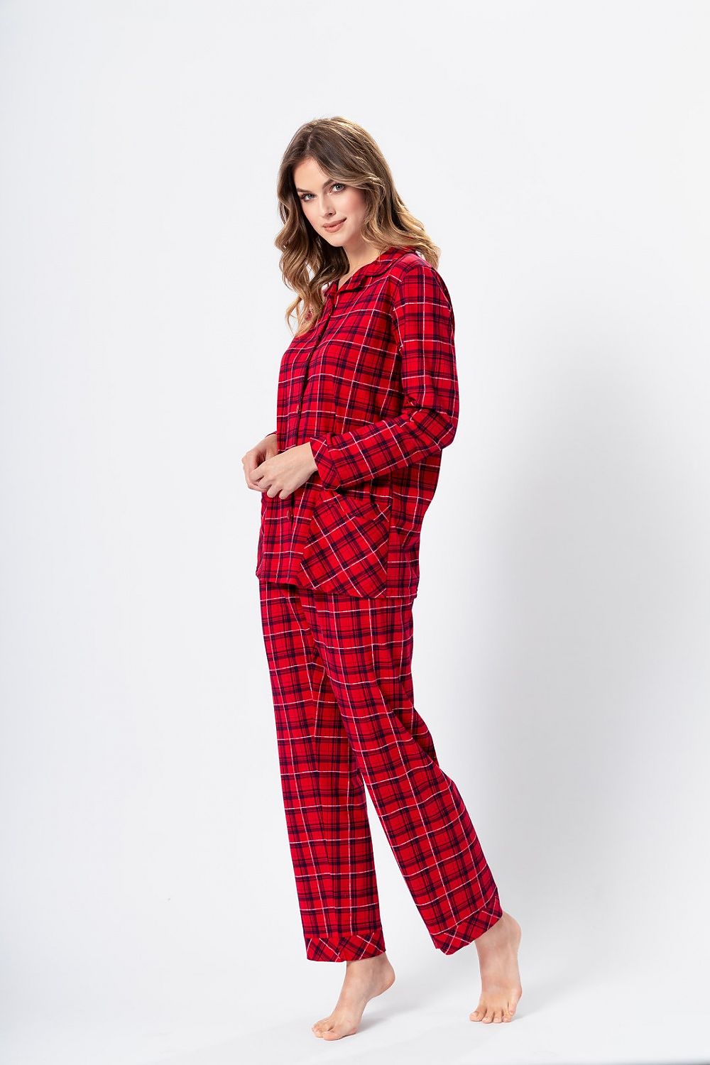 Luxurious Alia Night Pajamas for Women by M-Max, featuring an elegant red check pattern, crafted from 100% cotton for ultimate comfort and style.