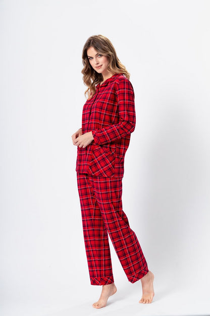 Luxurious Alia Night Pajamas for Women by M-Max, featuring an elegant red check pattern, crafted from 100% cotton for ultimate comfort and style.
