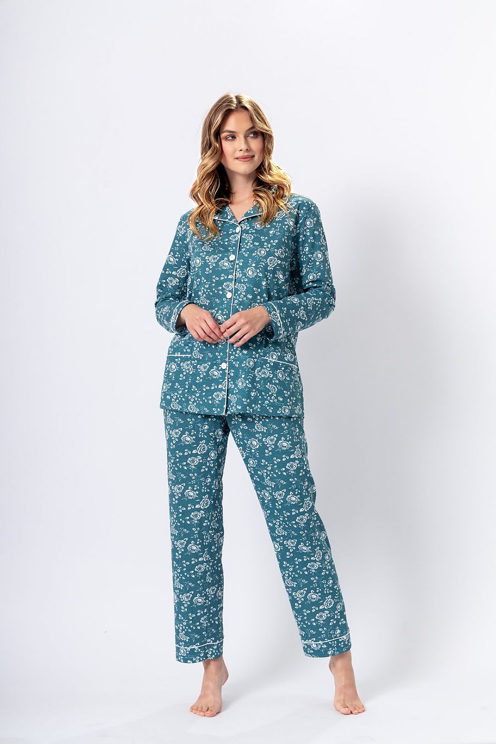 Elegantly designed Luxury Ada Pajamas by M-Max in sea green, featuring a delicate rose pattern, perfect for sophisticated nights.