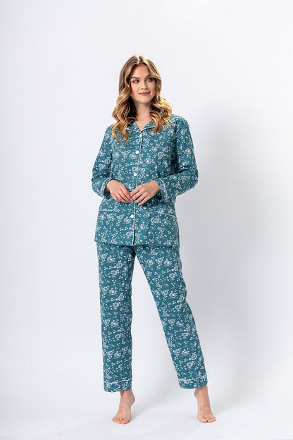 Elegantly designed Luxury Ada Pajamas by M-Max in sea green, featuring a delicate rose pattern, perfect for sophisticated nights.