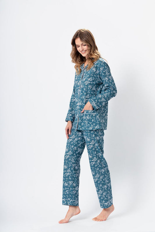 Close-up of the luxurious rose-patterned fabric of M-Max's Ada Pajamas, showcasing the high-quality 100% cotton material.