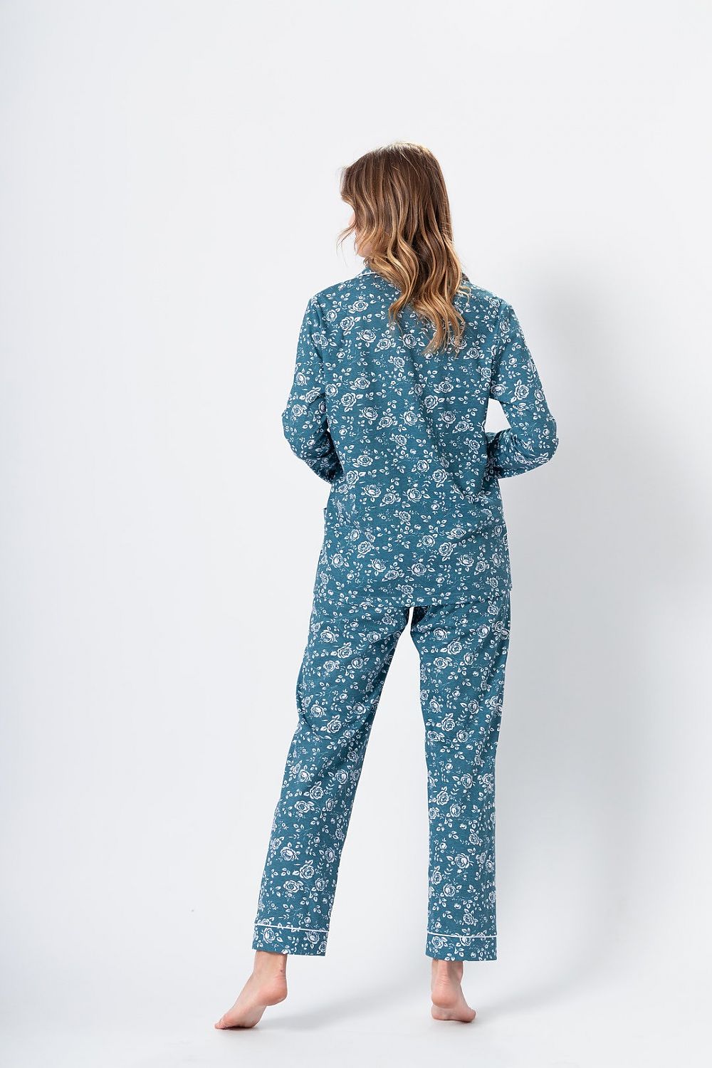 The chic long sleeve blouse and straight-leg pants of M-Max's Luxury Ada Pajamas, exuding classic femininity and comfort.