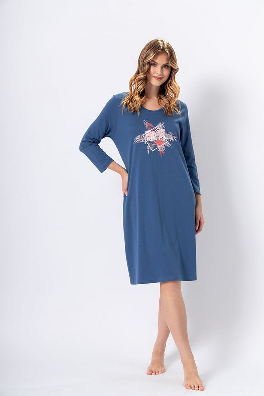 Luxury Kasia Dark Denim Nightshirt by M-Max featuring vibrant colourful print and elegant 7/8 sleeves, crafted from 100% cotton for unparalleled comfort.