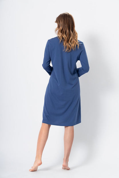 M-Max Kasia Dark Denim Nightshirt elegantly displayed, highlighting its knee-length cut, chic round neckline, and 7/8 sleeves, ideal for luxury loungewear.
