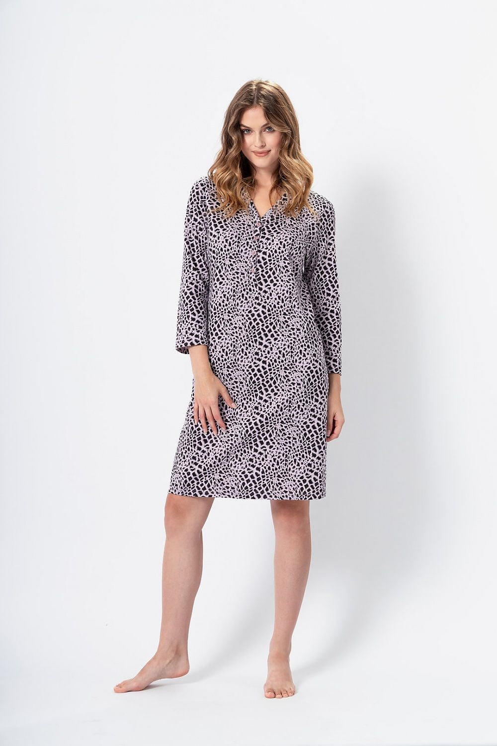 Ewa Women's Cotton Nightshirt featuring a stylish leopard print design in delicate lily and black, crafted for luxury sleepwear comfort by M-Max.