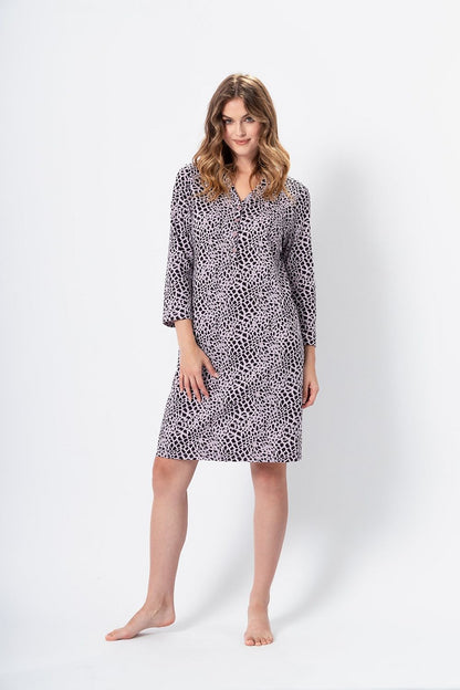 Ewa Women's Cotton Nightshirt featuring a stylish leopard print design in delicate lily and black, crafted for luxury sleepwear comfort by M-Max.