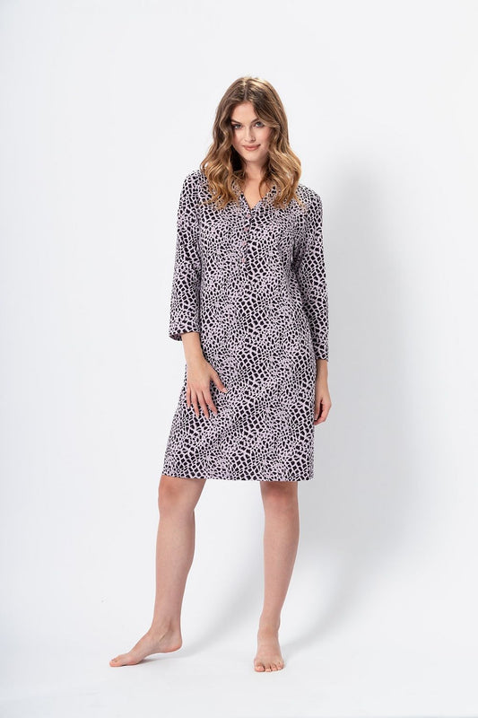 Ewa Women's Cotton Nightshirt featuring a stylish leopard print design in delicate lily and black, crafted for luxury sleepwear comfort by M-Max.