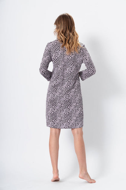 Ewa Women's luxurious cotton nightshirt with leopard print and 7/8 sleeves in elegant lily and black, crafted by M-Max for ultimate comfort and style.