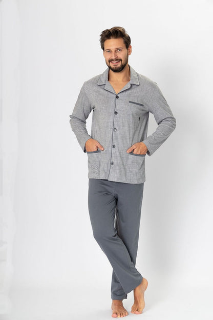 M-Max Luxury men's cotton pyjamas set featuring a classic bright patterned shirt with satin piping and loose fit, ideal for stylish lounging.
