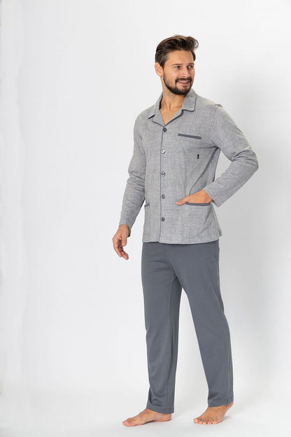 Close-up view of M-Max luxurious men's cotton pyjamas showcasing the elegant satin piping and detailed pocket design, perfect for comfort and style.