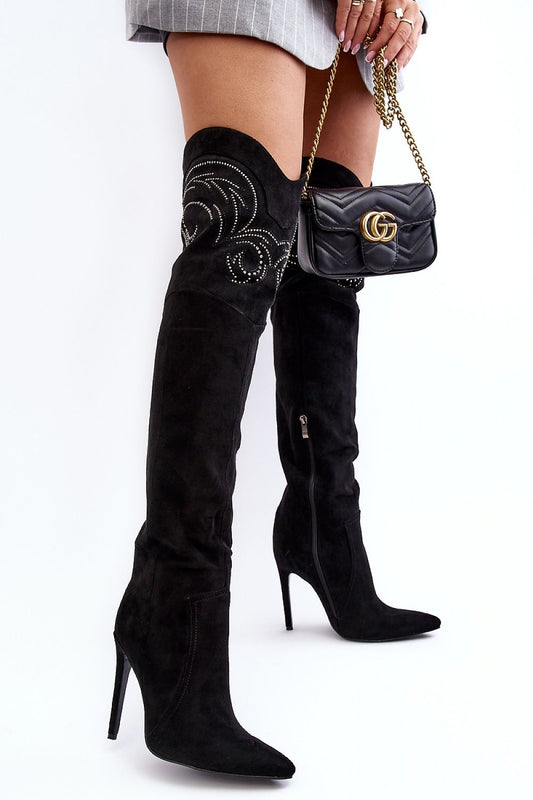 Luxury knee-high stiletto heel boots by Step in Style, crafted from eco-suede with elegant rhinestone detailing.