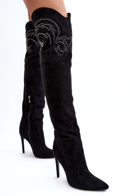 Chic women's stiletto heel boots from Step in Style featuring an eco-suede design and glamorous rhinestone accents.