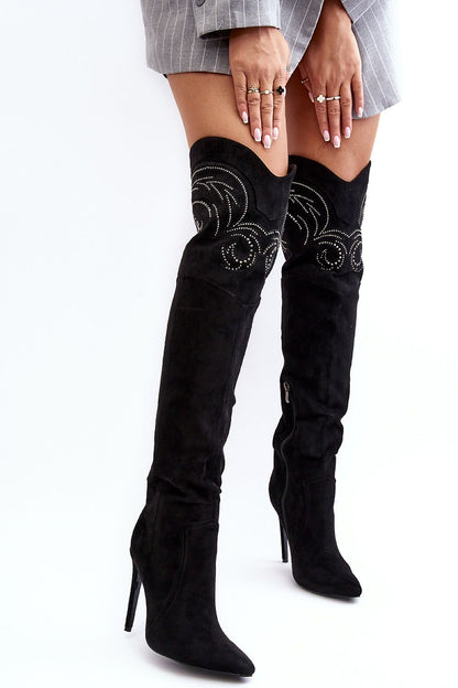 Elegant eco-suede knee-high boots with stiletto heels and rhinestones by Step in Style, perfect for a sophisticated wardrobe.