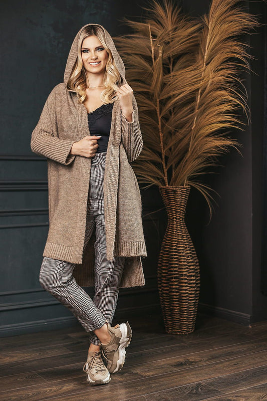Luxurious long sleeve hooded cardigan by PeeKaBoo featuring an elegant asymmetrical design, crafted from a premium acrylic-wool blend.