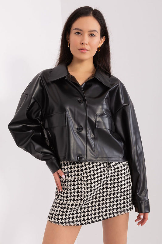 Stylish Eco-Leather Transitional Jacket by Lakerta featuring button closure and practical patch pockets, perfect for spring and autumn fashion.
