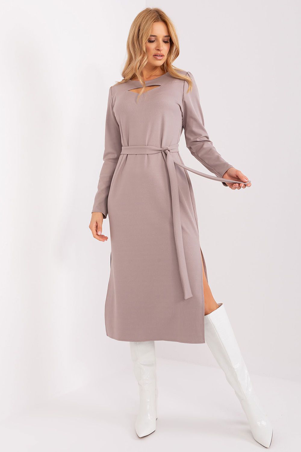 Lakerta Elegant Midi Dress featuring unique cutout design and luxurious ribbed texture, perfect for sophisticated occasions.