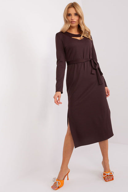 Lakerta Elegant Midi Dress featuring unique cutout design, ribbed texture, and waist tie belt, perfect for luxurious occasions.