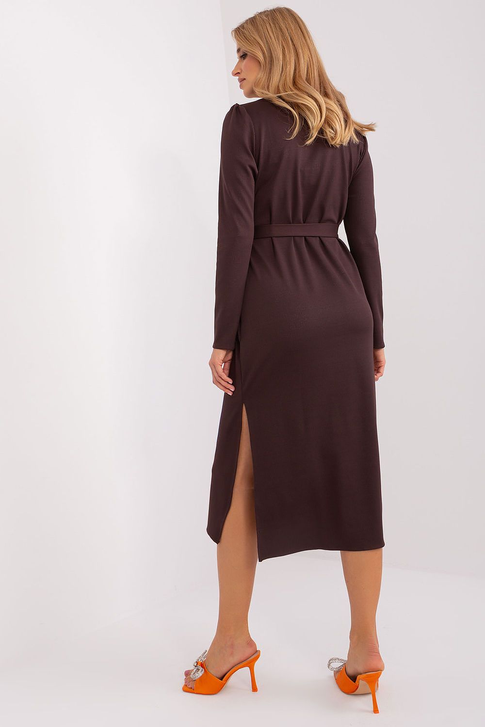 Side view of Lakerta Elegant Midi Dress, highlighting the flattering waist tie belt and sophisticated midi length.