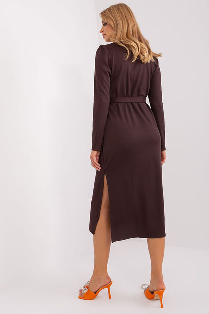 Side view of Lakerta Elegant Midi Dress, highlighting the flattering waist tie belt and sophisticated midi length.