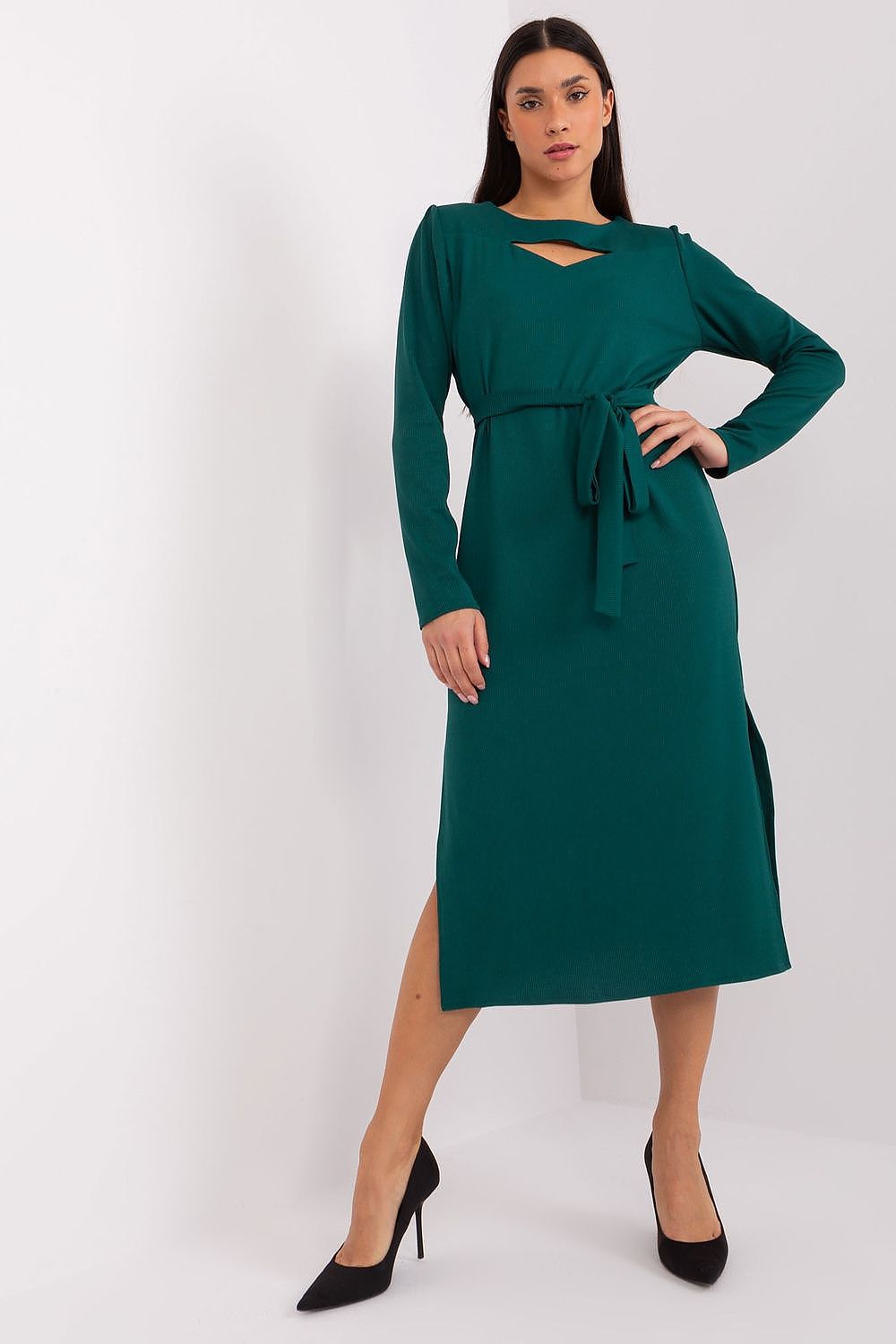 Model wearing Lakerta Elegant Midi Dress, demonstrating its versatility for professional and evening settings.