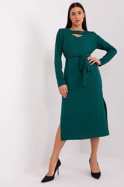 Model wearing Lakerta Elegant Midi Dress, demonstrating its versatility for professional and evening settings.