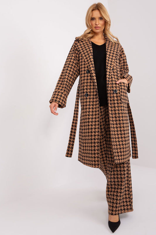 Elegant Lakerta Coat in Pepite pattern, showcasing its luxurious over-the-knee design with waist tie and patch pockets, ideal for chic autumn-winter styling.