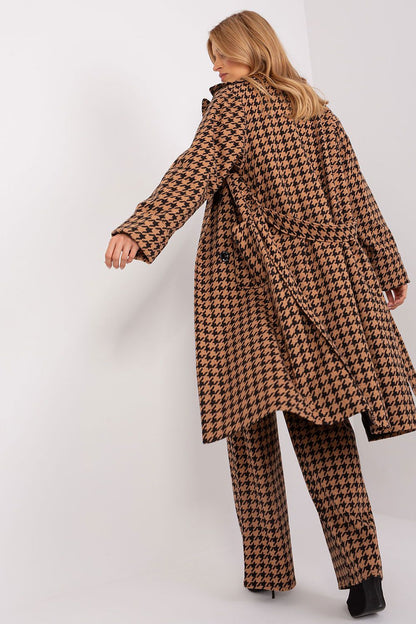 Elegant Lakerta Coat in Pepite Pattern featuring a luxurious over-the-knee design with a waist tie and practical patch pockets, perfect for autumn and winter fashion.