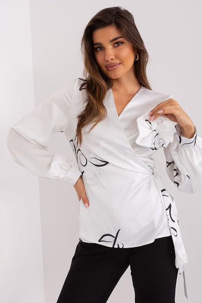 Elegant Luxury Lakerta Formal Blouse showcasing an envelope front design, heart neckline, and intricate patterned fabric, perfect for sophisticated occasions.