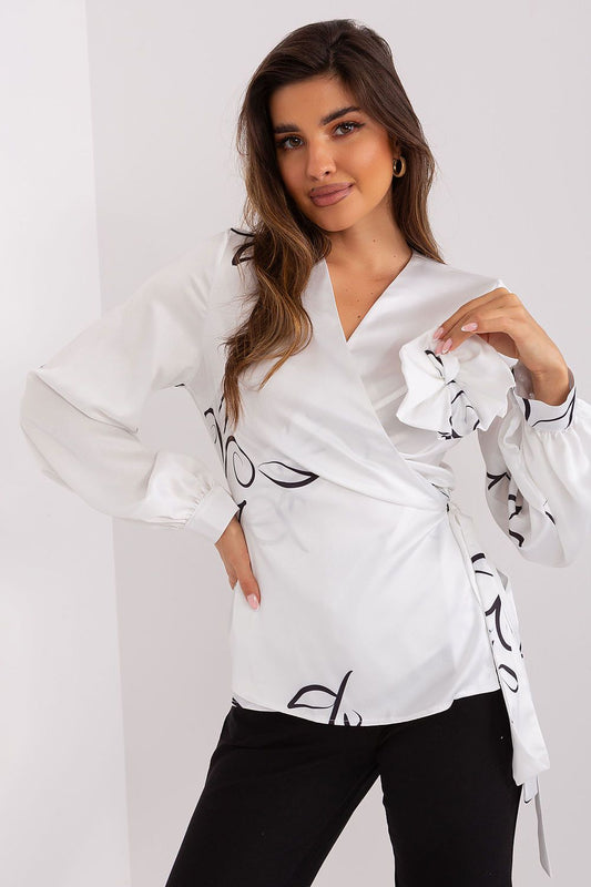 Elegant Luxury Lakerta Formal Blouse showcasing an envelope front design, heart neckline, and intricate patterned fabric, perfect for sophisticated occasions.