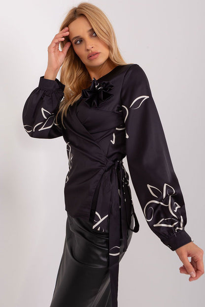 Detailed view of Luxury Lakerta blouse showcasing the unique envelope front, heart neckline, and luxurious patterned fabric for a chic and fashionable appearance.