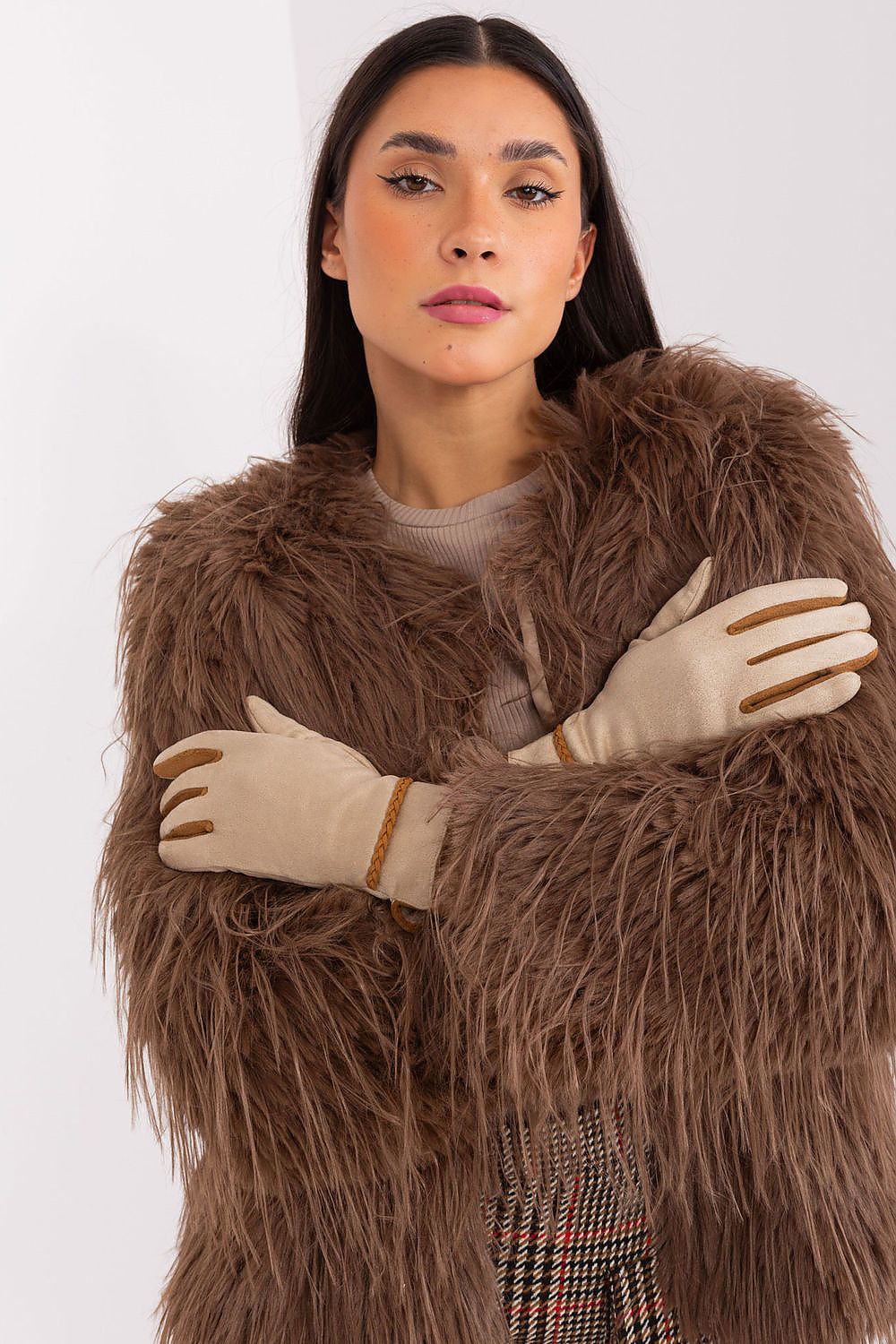 Elegant women's touchscreen gloves by AT featuring braided wrist straps and embroidered flower detail for a luxurious touch.