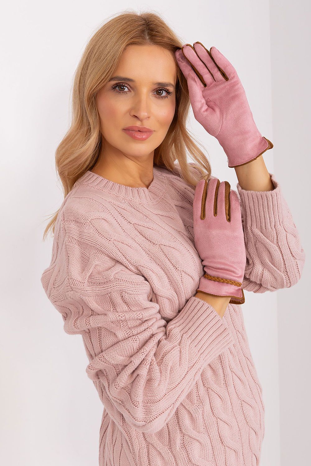 Elegant women's touchscreen gloves by AT featuring braided wrist straps and intricate embroidered flower details, perfect for stylish winter wear.