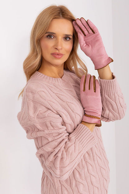 Elegant women's touchscreen gloves by AT featuring braided wrist straps and intricate embroidered flower details, perfect for stylish winter wear.