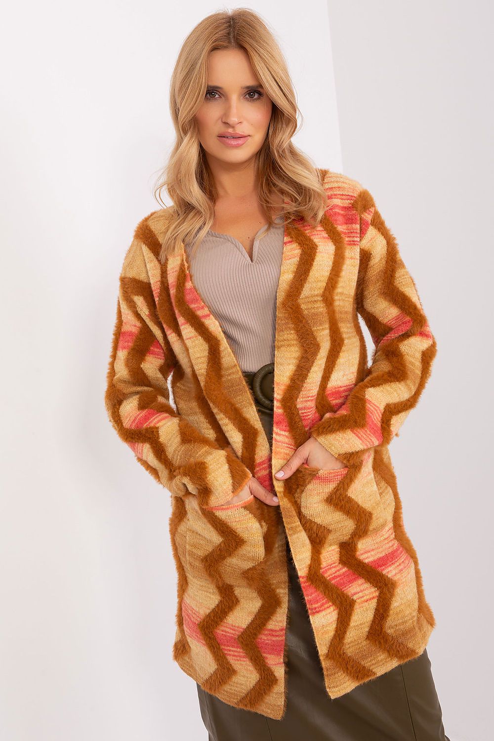 Chic long sleeve cardigan by AT featuring a unique geometric pattern, ideal for elevating casual outfits with a touch of sophistication.