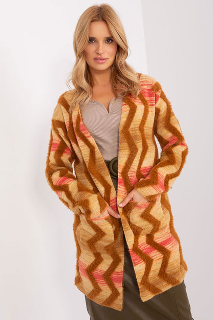 Chic long sleeve cardigan by AT featuring a unique geometric pattern, ideal for elevating casual outfits with a touch of sophistication.