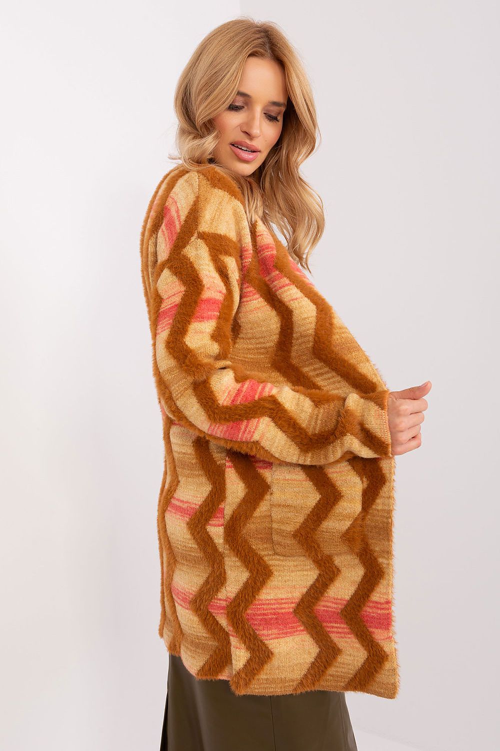 Sophisticated layering piece, the Geometric Pattern Cardigan by AT made from a blend of acrylic, nylon, and PBT for maximum comfort.