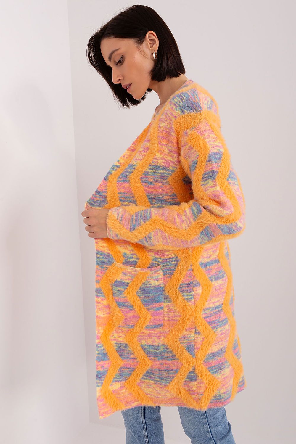 Chic geometric pattern long sleeve cardigan by AT, showcasing luxurious soft fabric perfect for everyday elegance.