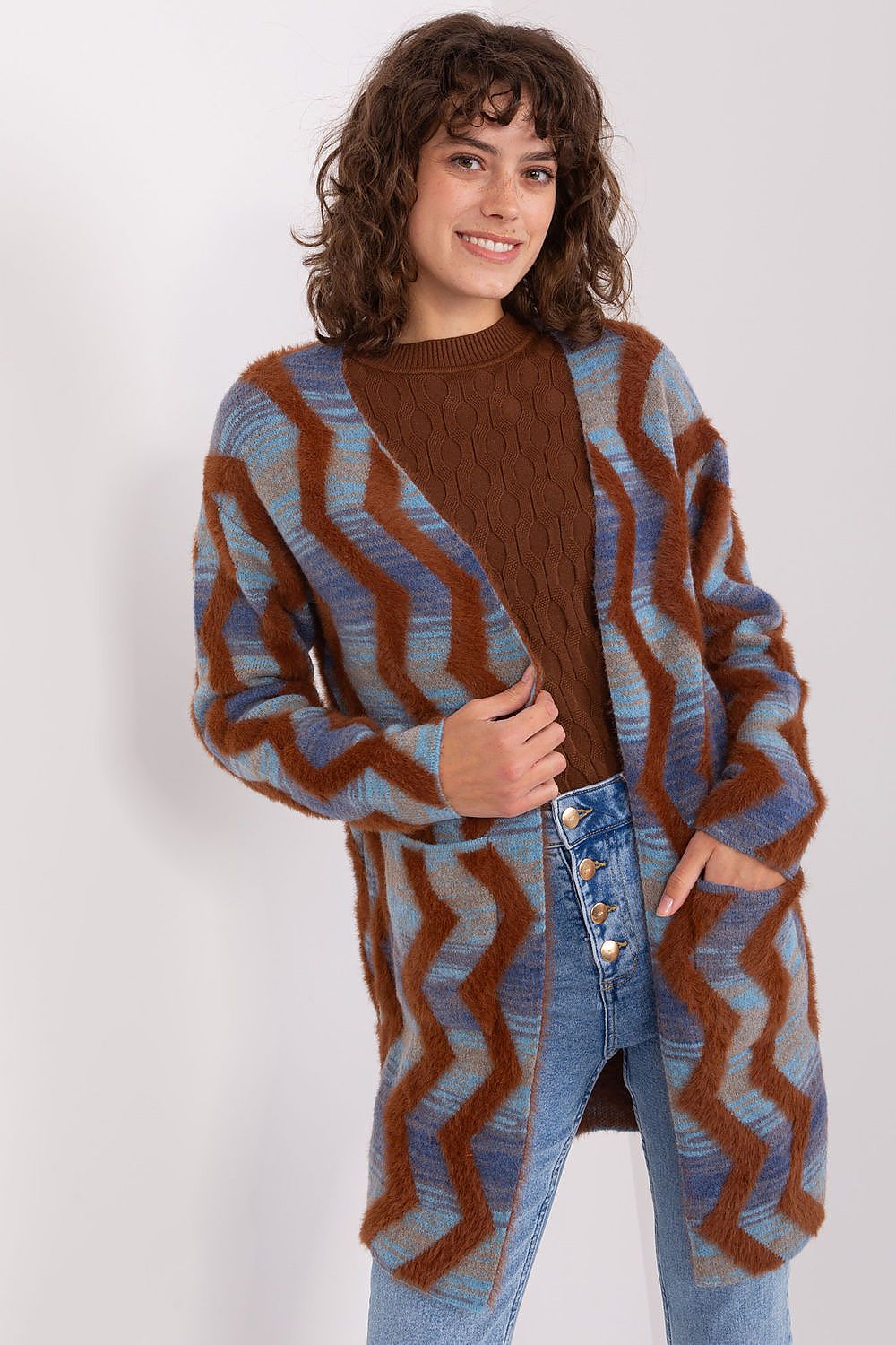 Elegant Geometric Pattern Long Sleeve Cardigan by AT, perfect for stylish layering in everyday fashion.