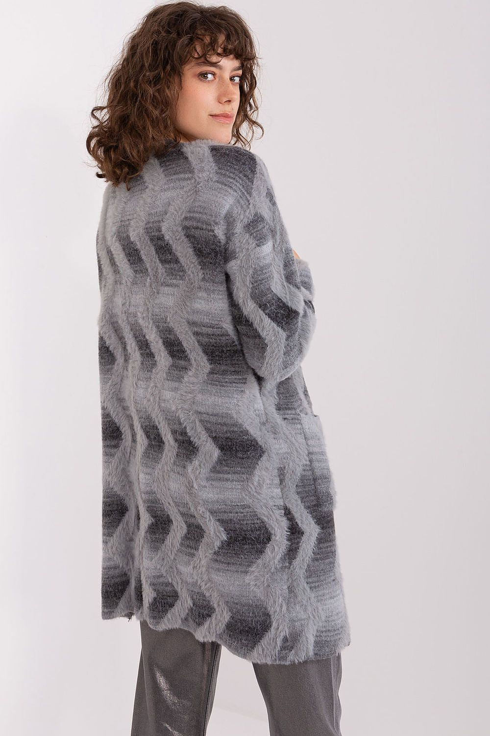 Geometric Pattern Long Sleeve Cardigan by AT showcasing its stylish design and soft fabric, perfect for luxurious everyday layering.