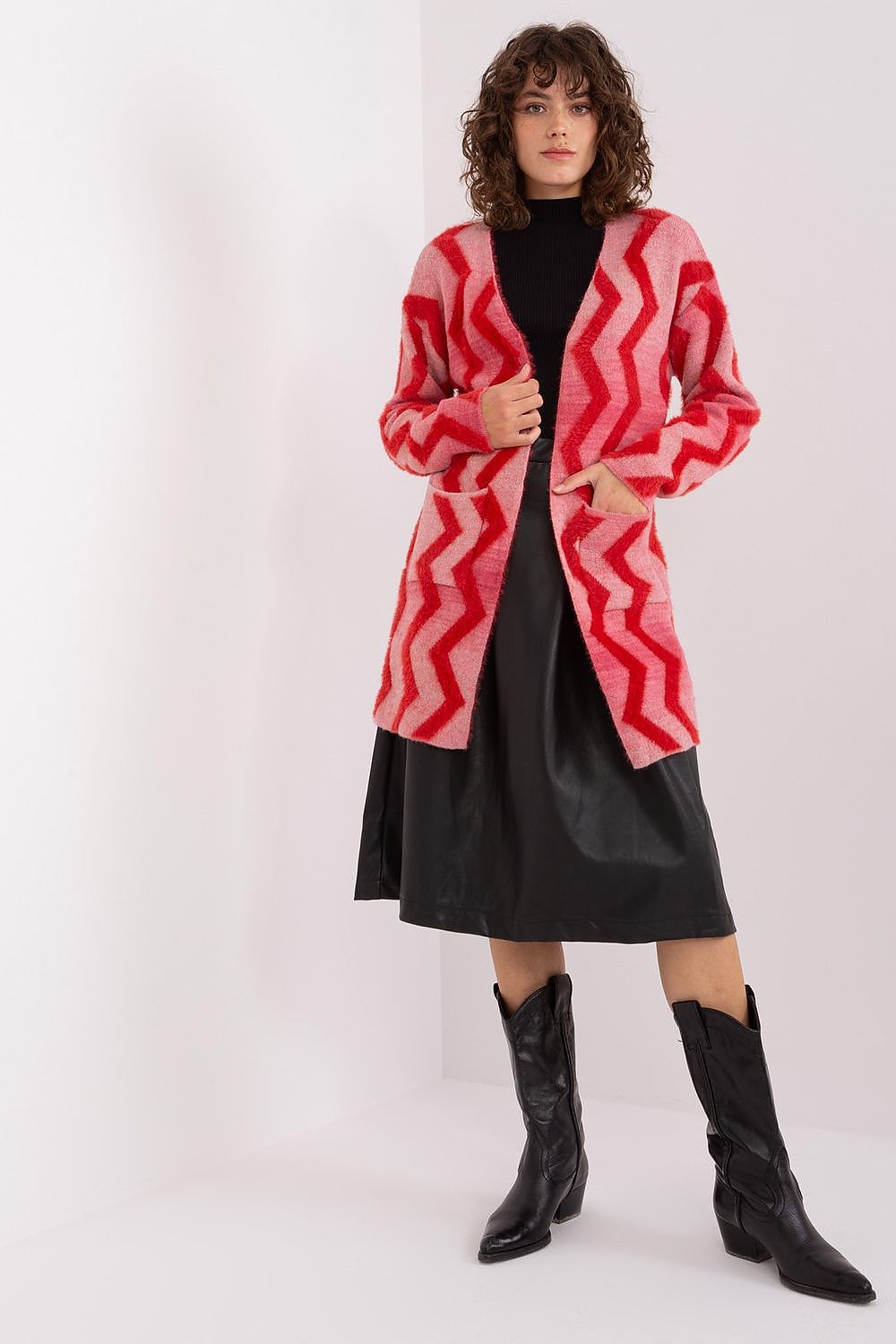 Elegant display of the Geometric Pattern Long Sleeve Cardigan by AT, highlighting the intricate geometric design, ideal for sophisticated casual outfits.