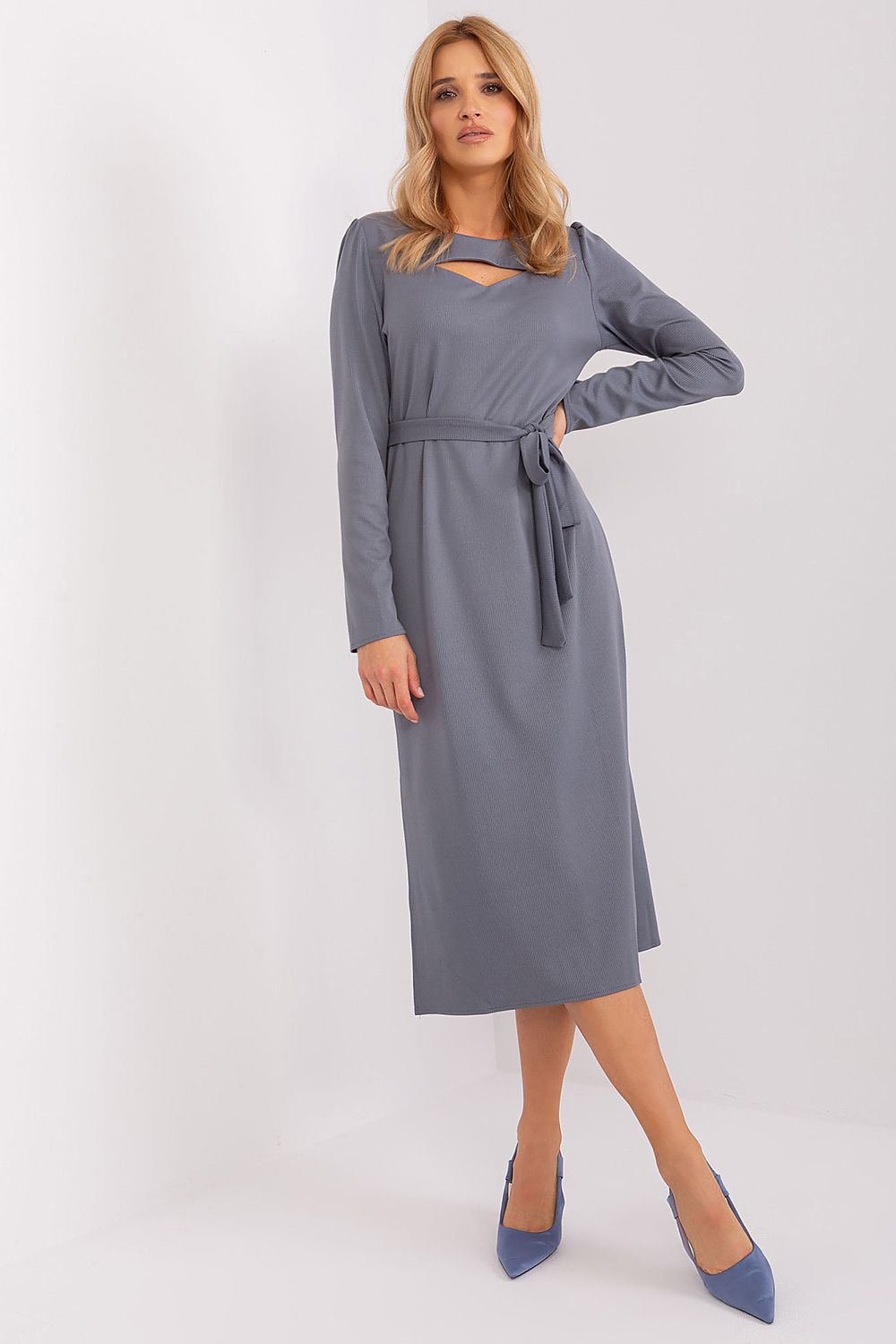 Sophisticated Lakerta Elegant Midi Dress showcasing a flattering waist tie belt and elegant silhouette, ideal for chic occasions.