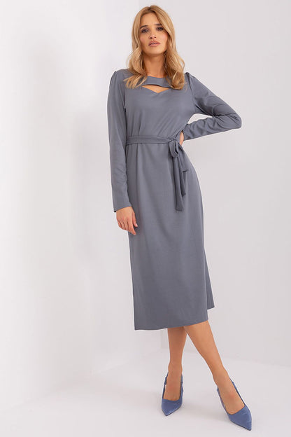 Sophisticated Lakerta Elegant Midi Dress showcasing a flattering waist tie belt and elegant silhouette, ideal for chic occasions.