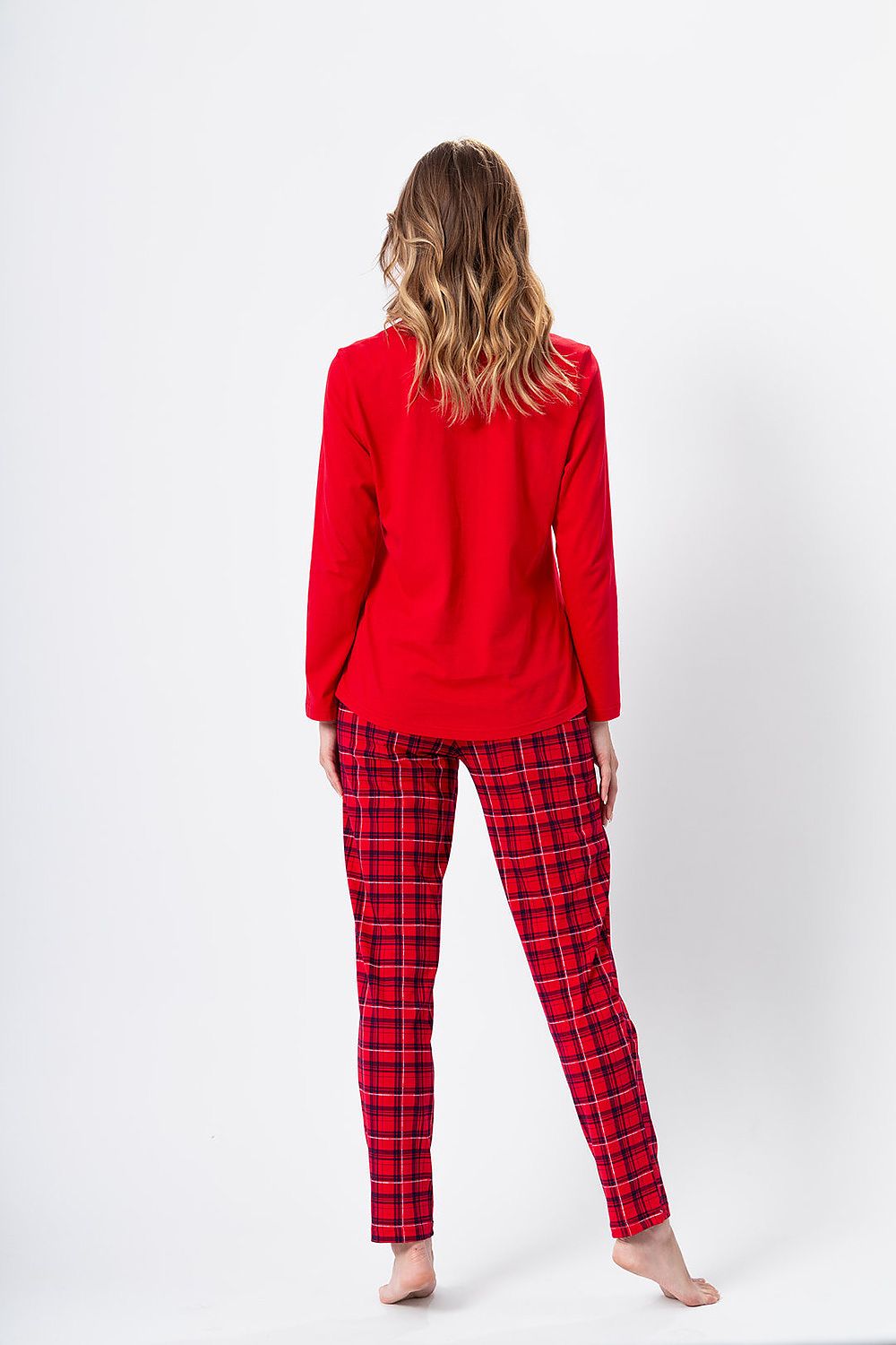Close-up of the M-Max Luxury Women's Cotton Pyjamas Set, highlighting the fine cotton fabric and sophisticated design of the long sleeve top and patterned pants.